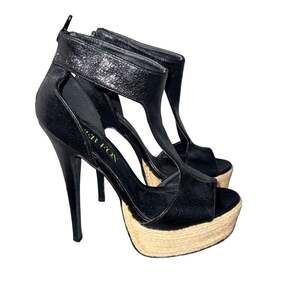 Paper Fox Shaya Black T-Strap Espadrille Platform Heels size 7.5